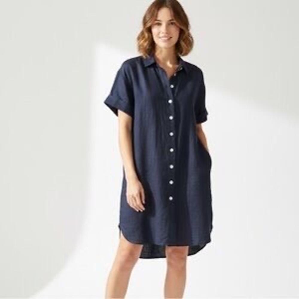 Gap Linen Navy shirt dress sz M button down lightwght beachy capsule minimalist